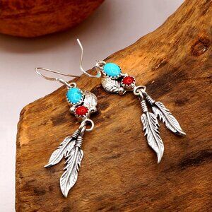 Vintage Running Bear Feathers & Turquoise Coral Southwest Dangle Silver Earrings